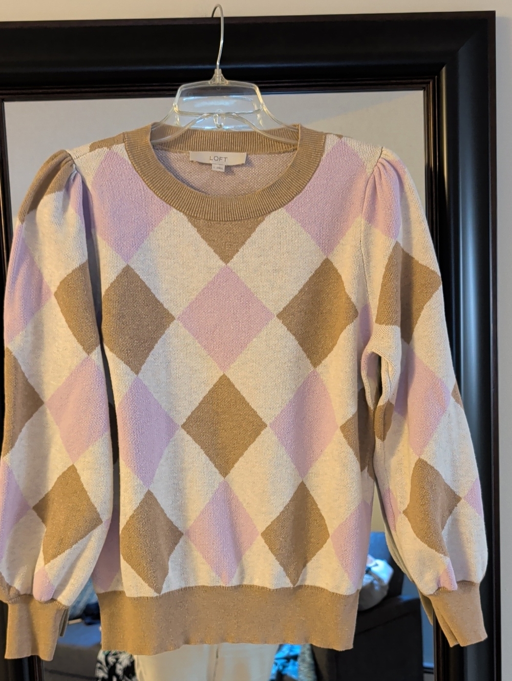 LOFT Pink, Tan & Cream Argyle Crewneck Sweater